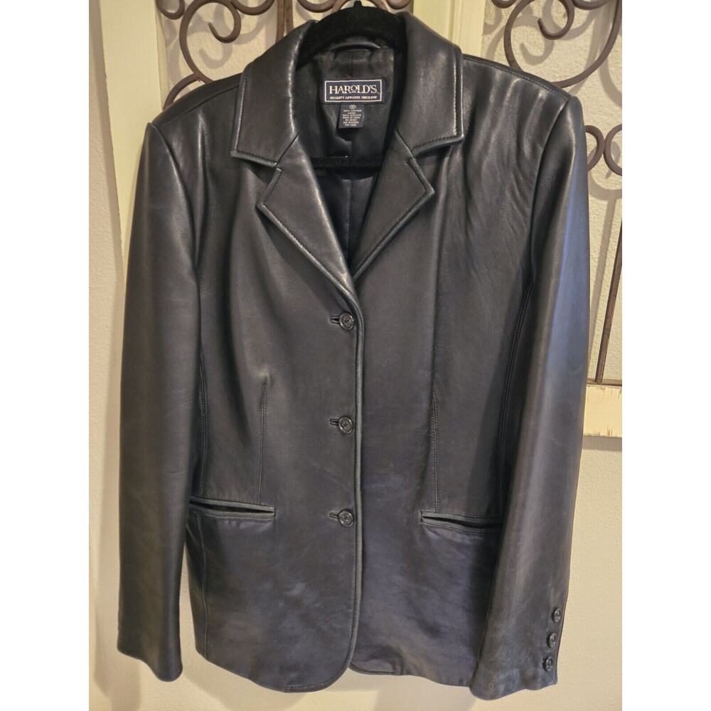 Harolds Women's Black Leather Jacket. Soft. Sz 10 Large. Fully Lined. 3 Button